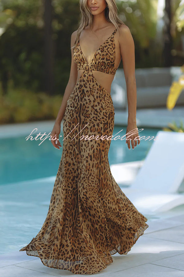 Elegant Wildness Leopard Print Elasticated Cutouts Slip Maxi Dress