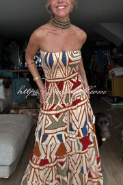Bohemian Style Unique Print Tube Top Pleated Maxi Dress