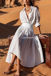 Solid Color Lapel Long Sleeve Casual Waist Midi Dress