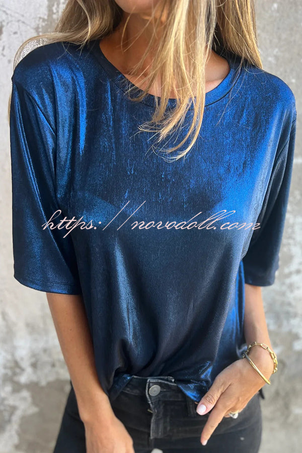 Metallic Solid Color Round Neck Short-sleeved Loose T-shirt