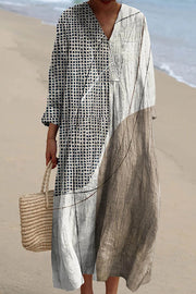 Line Spot Print V-Neck Long Sleeve Loose Midi Dress