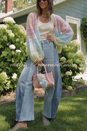Palette Day Knit Color Blocks Open Front Balloon Sleeve Loose Cardigan