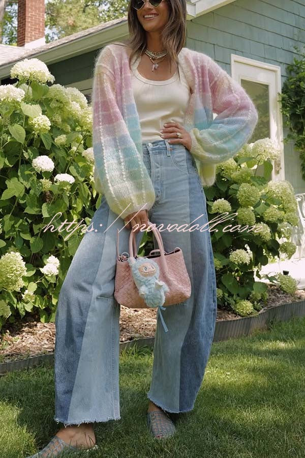 Palette Day Knit Color Blocks Open Front Balloon Sleeve Loose Cardigan