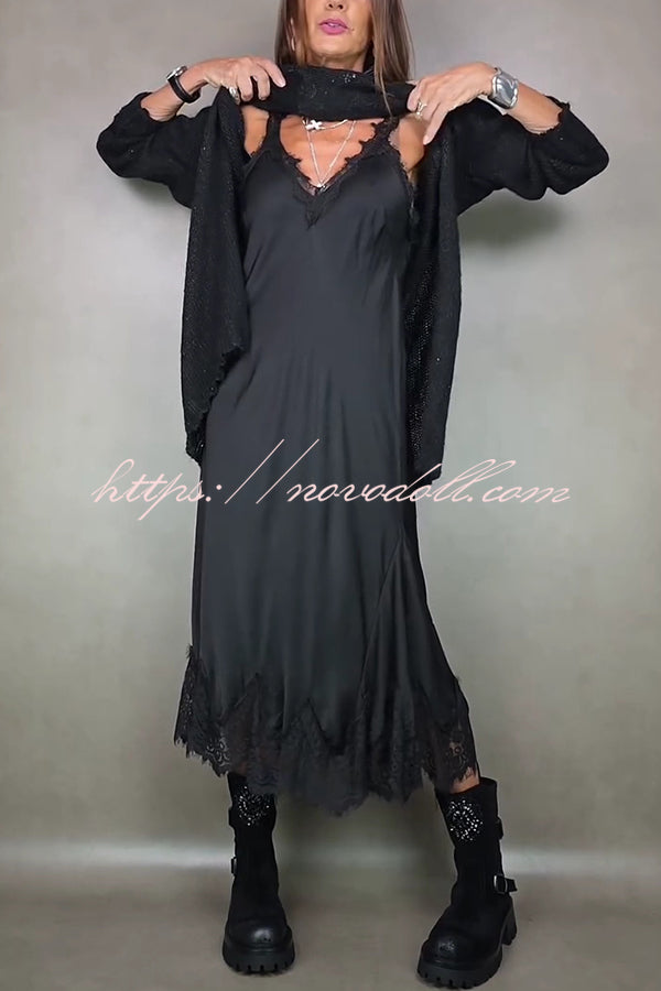 Fashionable V-neck Suspender Lace Splicing Casual Midi Dress