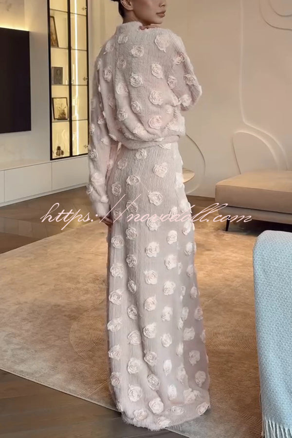 Fashionable 3D Floral Decoration Loose Long-sleeved Top