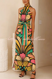 Unique Print Halter Neck Tie Backless Holiday Maxi Dress
