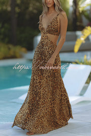 Elegant Wildness Leopard Print Elasticated Cutouts Slip Maxi Dress