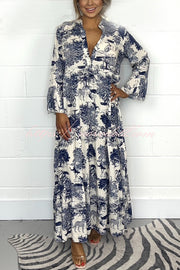 Botanical Print Casual V-neck Trumpet Sleeve Maxi Dress