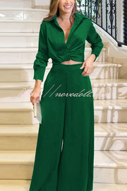 Satin Solid Color Lapel Long Sleeve Blouse and Loose-fitting Pocket Wide Leg Pants Set