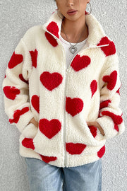 Fashion Plush Heart Print Loose Pocket Long Sleeve Zipper Jacket