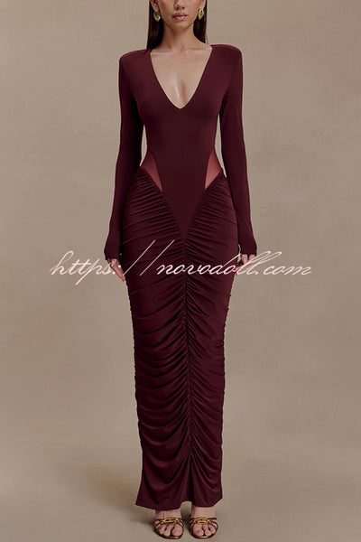 Sexy See-through Long-sleeved V-neck Pleated Slim-fit Maxi Dress