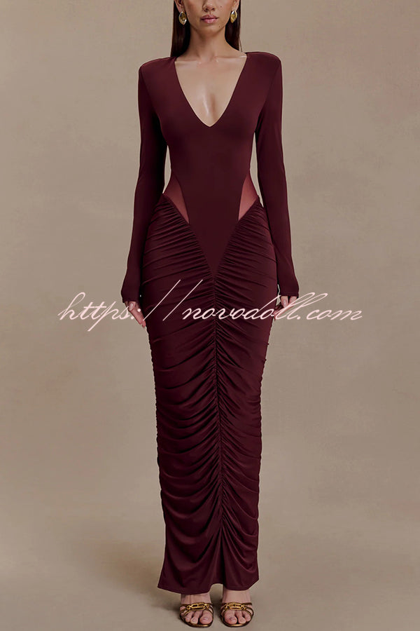 Sexy See-through Long-sleeved V-neck Pleated Slim-fit Maxi Dress