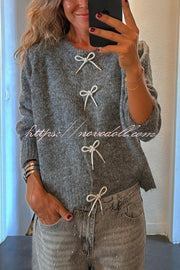 Paris Mornings Knit Front Bow Design Long Sleeve Relaxed Cardigan