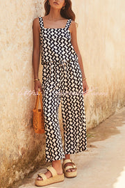 Printed Wide Straps Square Neck Tank and Pockets Elastic Waist Wide Leg Trousers Set