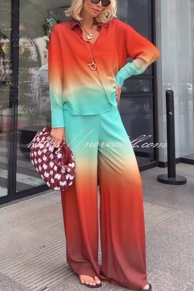 Neon Sunset Gradient Print Long Sleeve High Low Hem Blouse and Elastic Waist Loose Pants Set