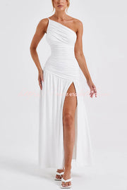 Sexy One-shoulder Strap Gathered Slim Fit Slit Maxi Dress