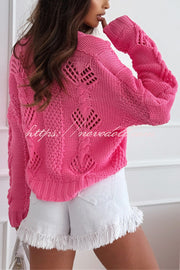 Fashion Hollow Long Sleeve V-neck Button Loose Knitted Cardigan