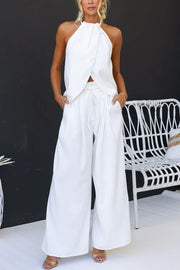 Gette Linen Blend Slit Front Top and High Rise Knoted Pocket Wide Leg Pants Set