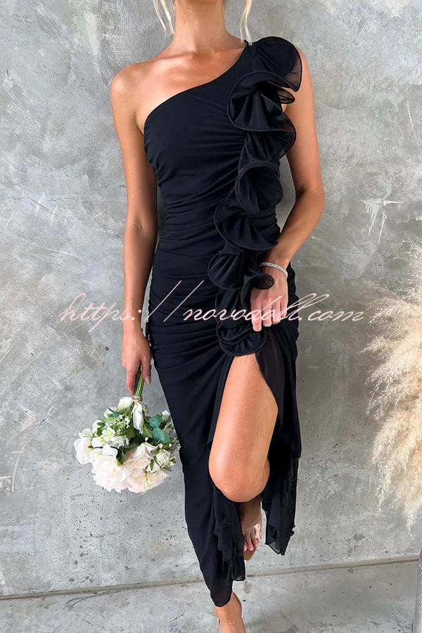 Fashion One-shoulder Pleated Sexy High Slit Slim Dress