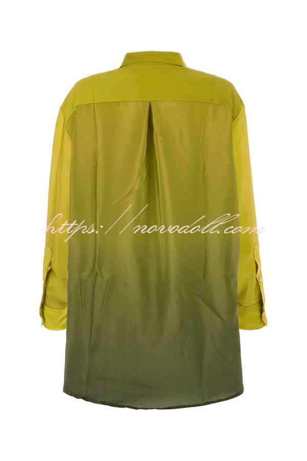 Moonlit Waltz Gradient Print Button Up Long Sleeve Loose Blouse