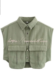 Stylish Weekend Denim Button Up Cape Sleeve Pocket Crop Top