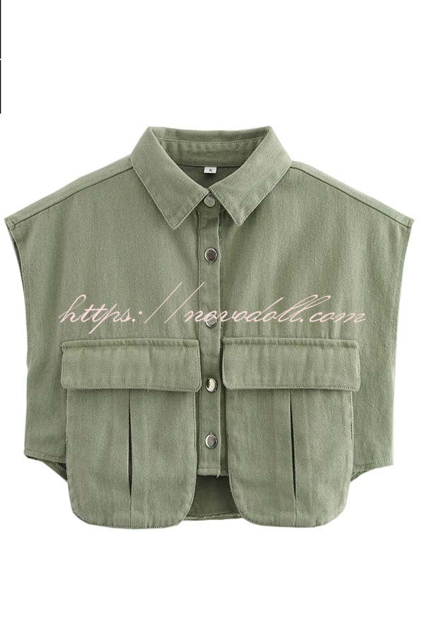 Stylish Weekend Denim Button Up Cape Sleeve Pocket Crop Top