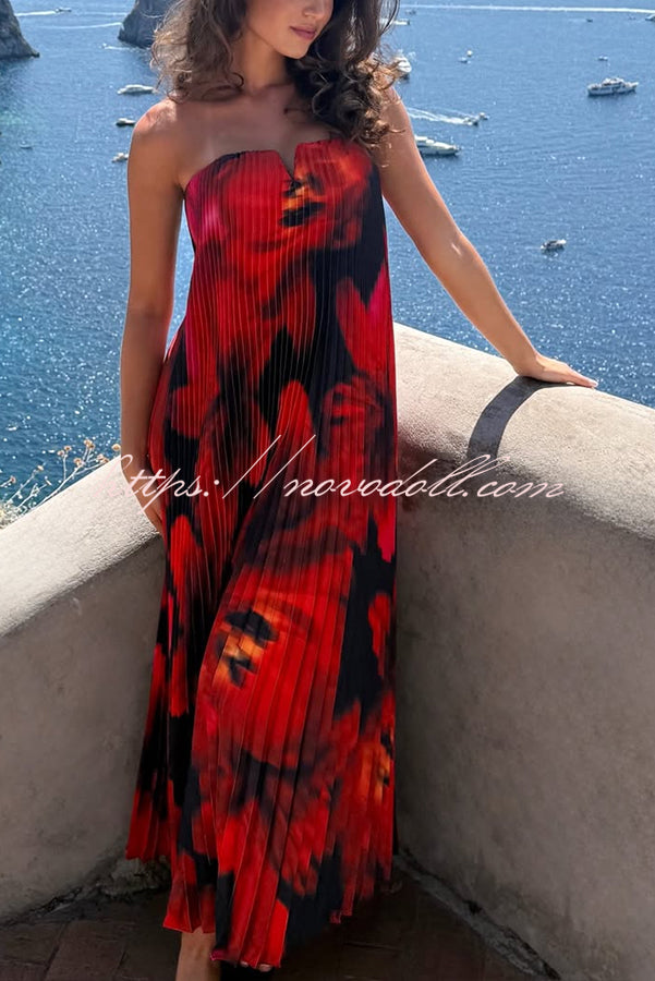 For Every Occasion Satin Pleated Floral Print V-wire Bandeau Neck Maxi Dress