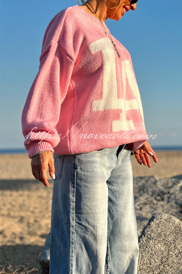 Letter Pattern Crew Neck Long Sleeve Loose Knit Sweater