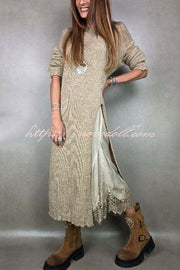 Solid Color Knitted Long-sleeved Casual Slit Midi Dress