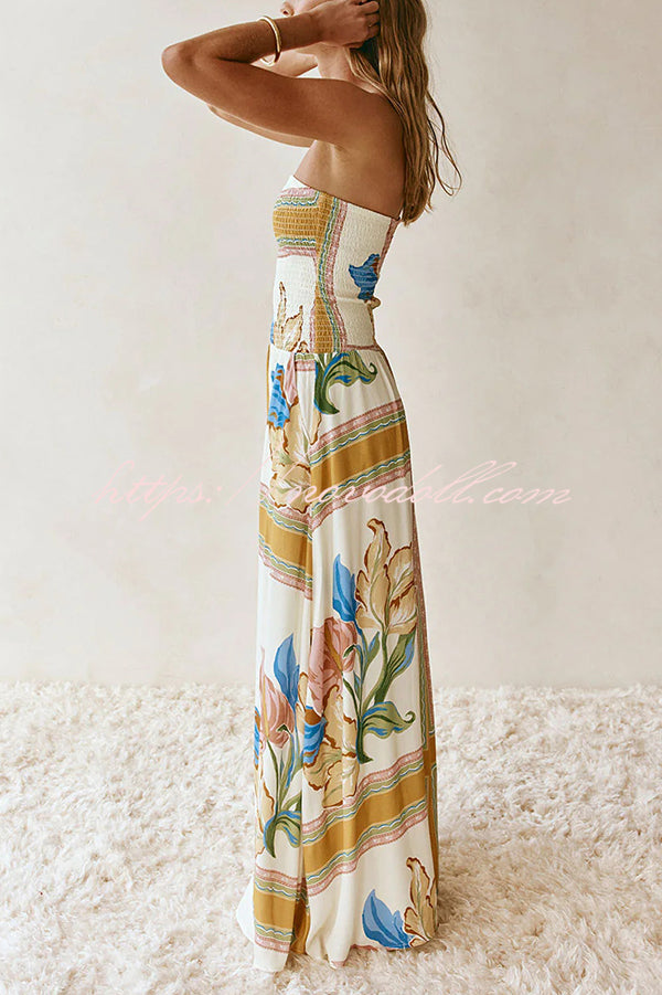 Linen Blend Unique Print Off-The-Shoulder Pleated Resort Maxi Dress