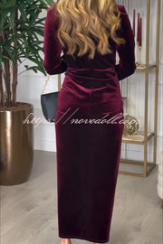 Creating Romance Velvet Ruched Drape Long Sleeve Stretch Maxi Dress