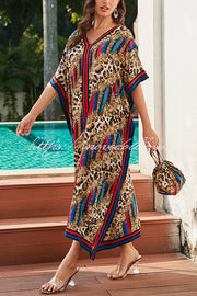 Unique Tie-dye Print V-neck Loose Holiday Cover-up Maxi Dress