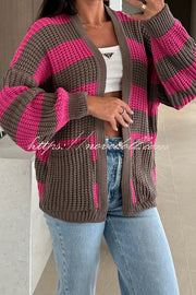 Fashionable Patchwork Striped Casual Pocket Knitted Sweater