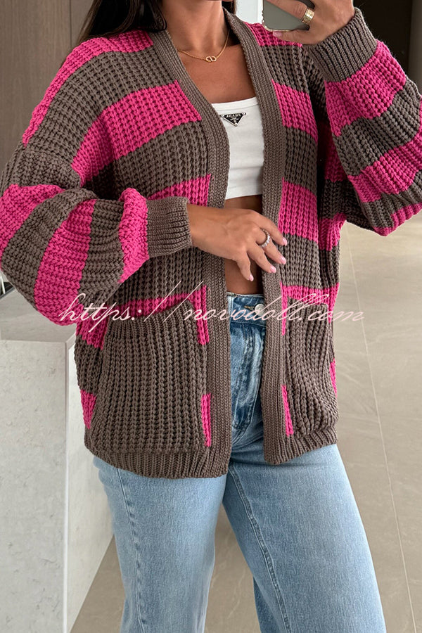 Fashionable Patchwork Striped Casual Pocket Knitted Sweater