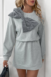 Solid Color Shiny Bow Casual Long Sleeve Sweatshirt Mini Dress