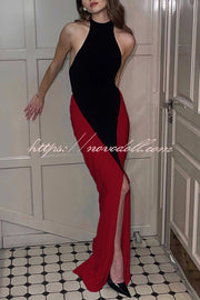 Fashionable Contrast Color Open Back Side Pleated Draped Maxi Dress