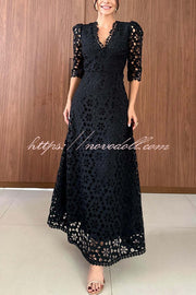 Best Day Ever Crochet Floral Lace Puff Sleeve Lined Maxi Dress