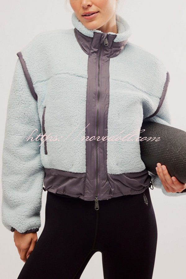 Stylish Patchwork Stand Collar Sherpa Zipper Jacket