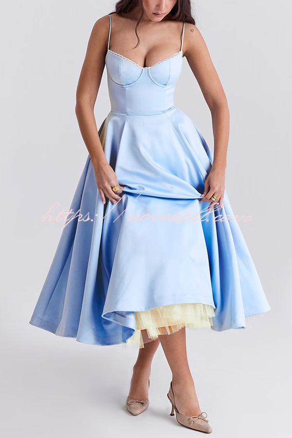 Fairytale Vibe Satin Patchwork Tulle Sweetheart Neck Pocket Stretch Midi Dress