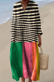 Color Block Stripe Print V-Neck Long Sleeve Loose Midi Dress