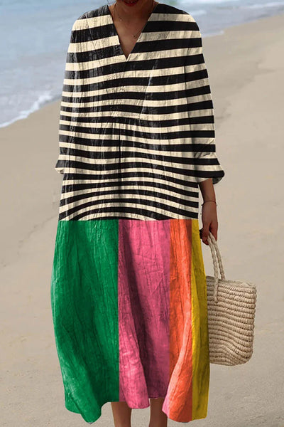 Color Block Stripe Print V-Neck Long Sleeve Loose Midi Dress