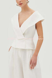 Velena Linen Blend Button Up Lapel Top and High Rise Pocket Wide Leg Pants Set