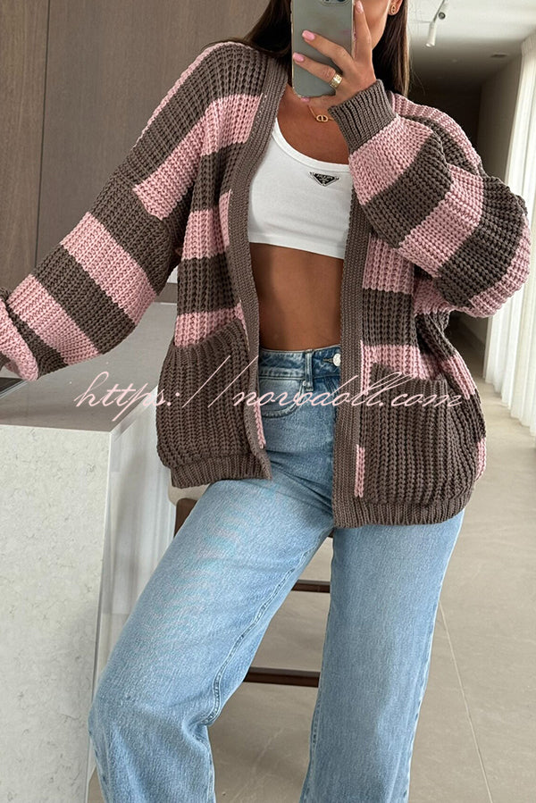 Fashionable Patchwork Striped Casual Pocket Knitted Sweater