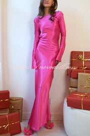 Satin Elegant Long-sleeved Open-back Slim-fit Slit Maxi Dress