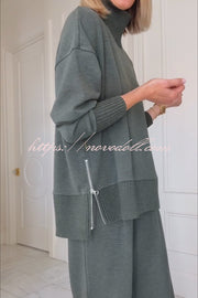 Barker High-Neck Long Sleeve Side Zipper Sweatshirt and Elastic Waist Pocketed Loose Pants Set