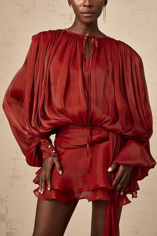 Solid Color Long-sleeved Belted Asymmetrical Mini Dress and Elastic Waist Casual Shorts Set