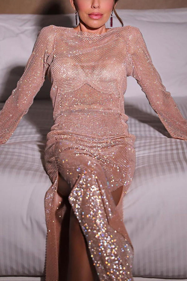 Sparkling Sequin Round Neck Slit See Through Long Sleeve Maxi Dress