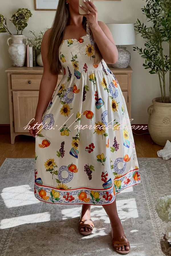 Summer Fruit Print Sling Pleated Vacation Midi Dress