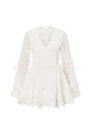 Diaz Embroidery Hollow Fabric Delicate Flower Trim Long Sleeve Side Lace-up Mini Dress