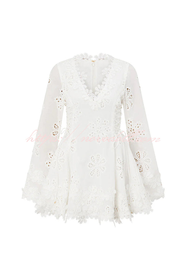 Diaz Embroidery Hollow Fabric Delicate Flower Trim Long Sleeve Side Lace-up Mini Dress